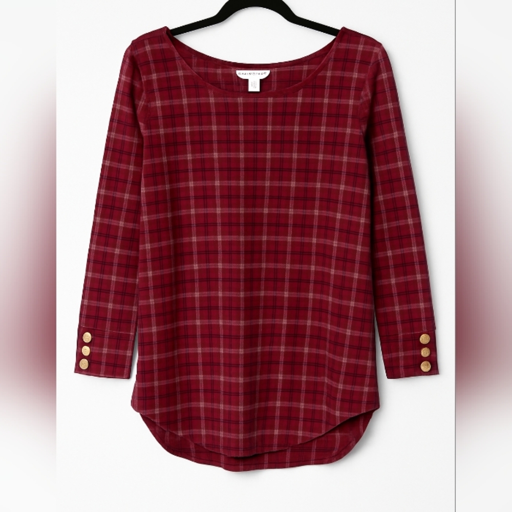 Liz Claiborne Burgundy Plaid Button Sleeve Blouse Tunic Top Women’s Small
